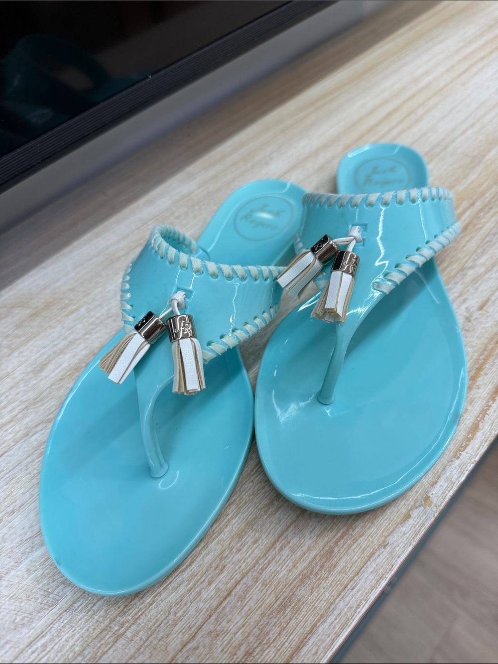 Jack Rogers Turquoise Patent Thong Sandals with Tassel Charm